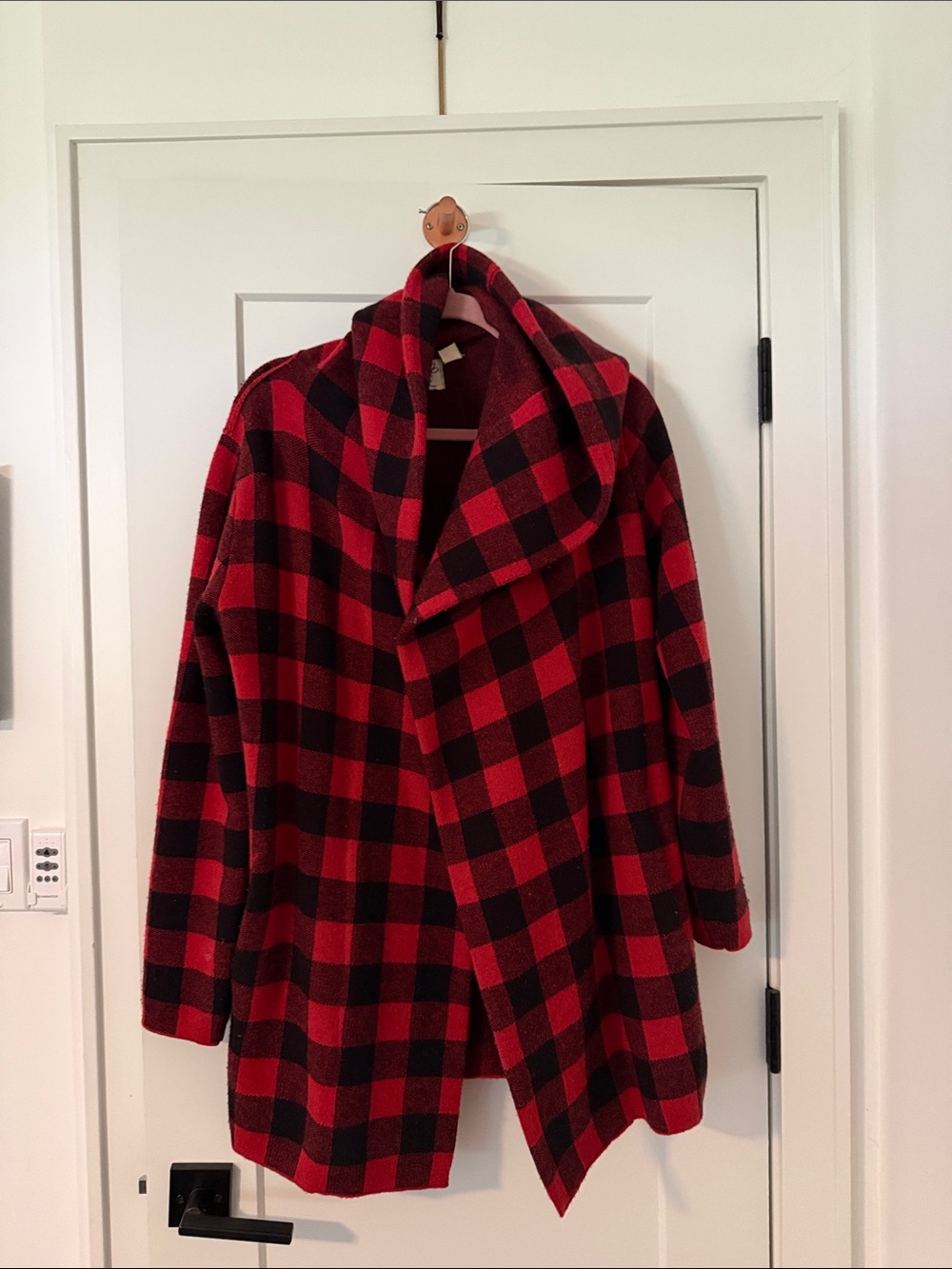 Anthropologie Red and Black Buffalo Plaid Open Front sweater Coat